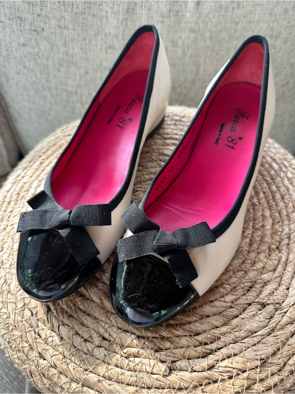 Fiona 81 Women's Cream Wedge Flats with Black Cap Toe and Bow. Made in Italy.